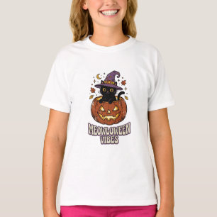 Camiseta Vibrações Retro do Meowloween Gato Preto Bruxa Abó