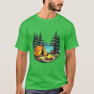Camiseta Vibrant Cartoon Camping Scene Withent FireTrees vi