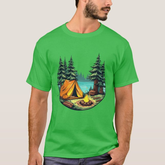 Camiseta Vibrant Cartoon Camping Scene Withent FireTrees vi (Frente)