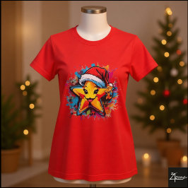 Camiseta Vibrant Cartoon Star Santa Hat Splatter