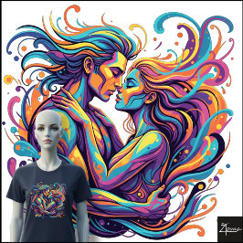 Camiseta Vibrant Couple Embrace Psychedelic Flowing Art