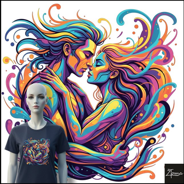Camiseta Vibrant Couple Embrace Psychedelic Flowing Art (Criador carregado)