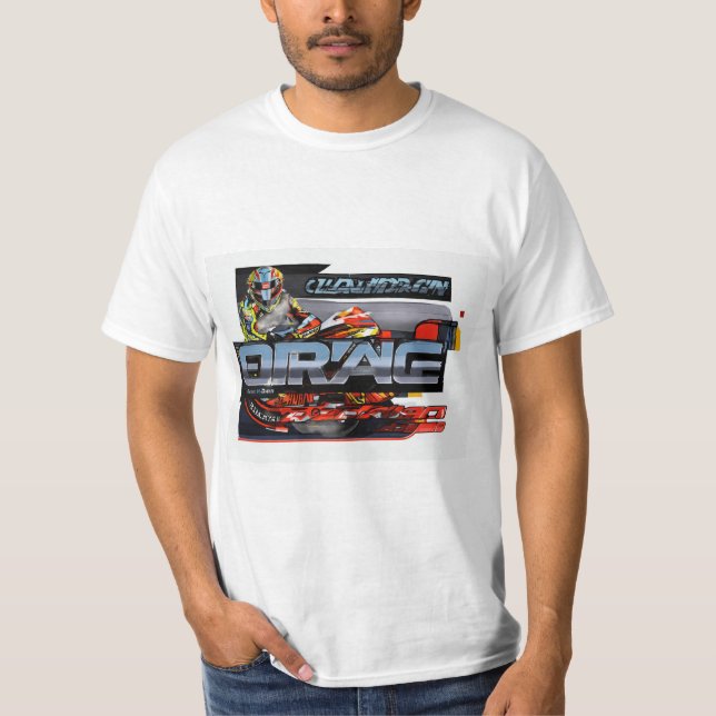 Camiseta "Vibrant Modern Drag Race Car Crachá Sticker Tee" (Frente)