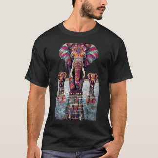 Camiseta Vibrant_Mosaic_Elephants_Walking_In_Shallow_Reflec