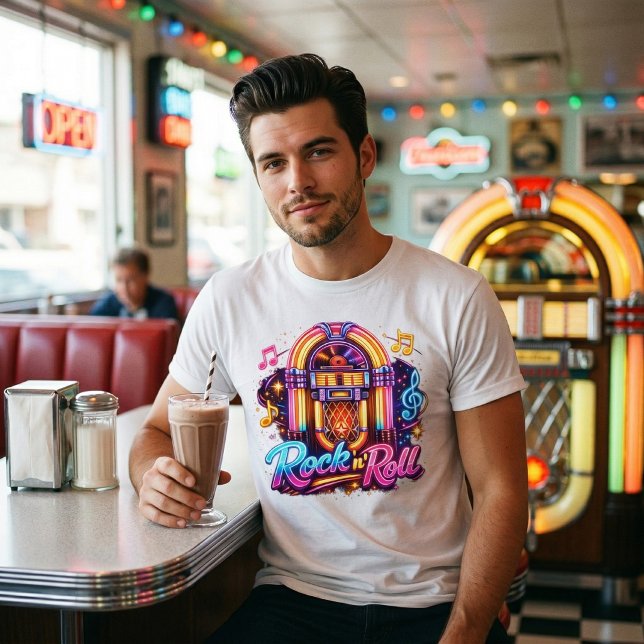 Camiseta Vibrant Neon Rock 'n' Roll Jukebox (Criador carregado)