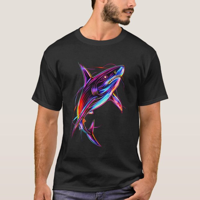 Camiseta Vibrant Neon Shark Modern Digital Ocean (Frente)