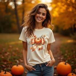 Camiseta Vibrant Pumpkin Bow Thanksgiving Tshirt