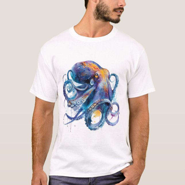 Camiseta Vibrant Watercolor Octopus — Coastal Ocean Art (Frente)