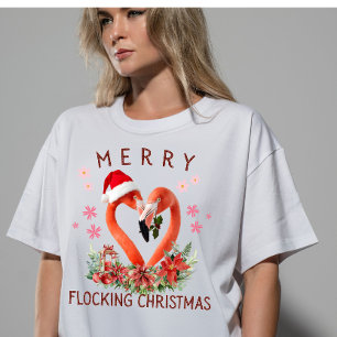 Camiseta Vibrante Alegria de Flamingos no Natal Arte de IA