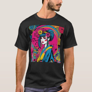 Camiseta Vibrante Arte Pop Geisha Menina Japonesa Moderna