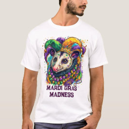 Camiseta Vibrante gambá de Mardi Gras com máscara de bobo e