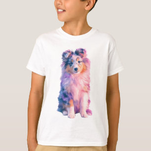 Camiseta Vibrante Pastel de Aquarela Filhote de Sheltie Kid