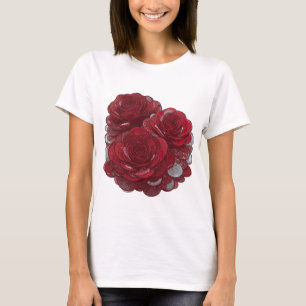 Camiseta Vibrante Prata ROSAS VERMELHAS E MOEDAS Impressão