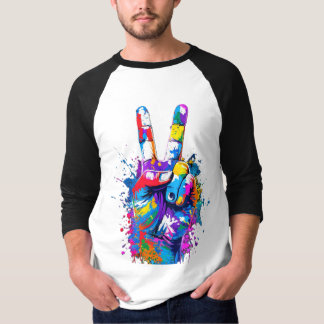 Camiseta Vibrante Sinal de Paz Colorida Arte Digital Mão