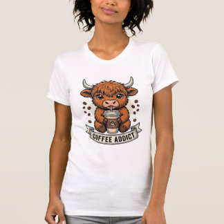 Camiseta Viciado em Café Vaca das Terras Altas Fofo Gravura