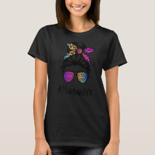 Camiseta Vida clássica Mamaw Messy Bun Rainbow Leopard Mãe