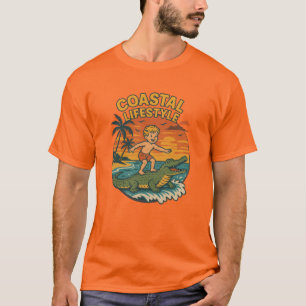 Camiseta Vida Costeira Jacaré Surfando Retro FL Praia de Su