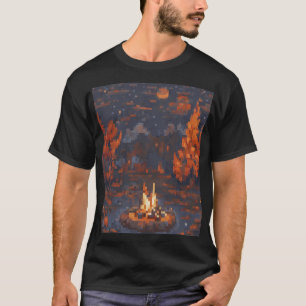 Camiseta Vida de Acampamento Pixel Art Fogo Tenda Estrelas 