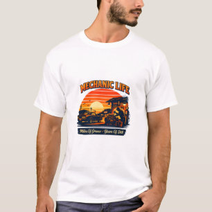 Camiseta Vida de Mecânico Retro Pôr do Sol Milhas de Graxa