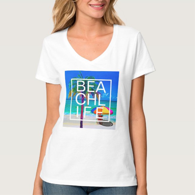 Camiseta Vida de Praia Tropical Tipografia Moderna Empilhad (Frente)