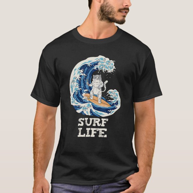 Camiseta Vida de Surfe de Gatos Japonês (Frente)