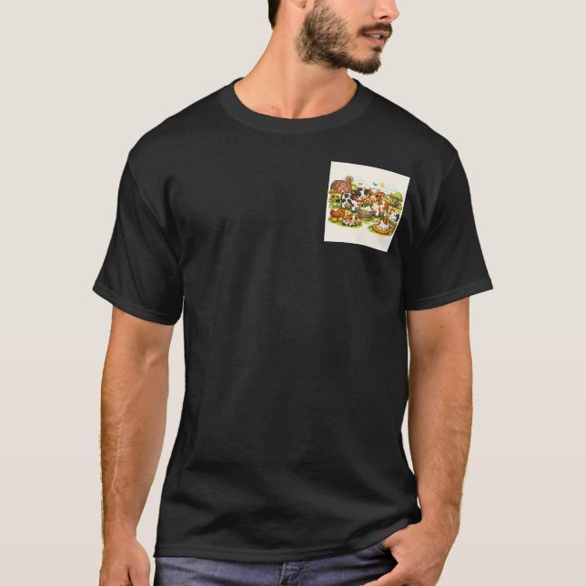 Camiseta Vida Divertida na Fazenda: Design de Vaca e Frango (Frente)