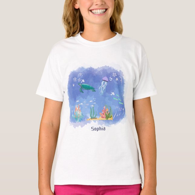 Camiseta Vida do Mar de Cores Aquáticas Personalizada (Frente)