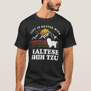 Camiseta Vida Melhor Maltês Shih Tzu Vintage Cachorro Mãe P