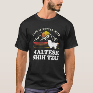 Camiseta Vida Melhor Maltês Shih Tzu Vintage Cachorro Mãe P