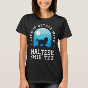 Camiseta Vida Melhor Maltês Shiu Tzu Vintage Blue Dog Mãe