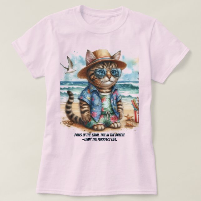 Camiseta Vida Perfeita na Praia para Amantes de Gatos  (Frente do Design)