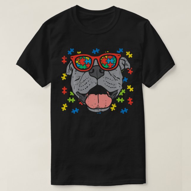 Camiseta Vidros de Quebra-cabeça de Rosto Pitbuloso Cão de  (Frente do Design)