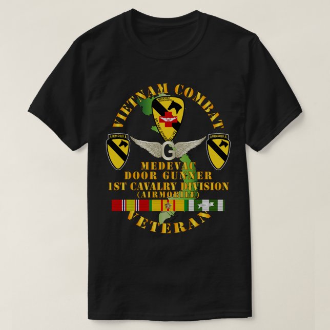 Camiseta Vietnã Combate Veteran Medevac Door Gunner w 1 rua (Frente do Design)