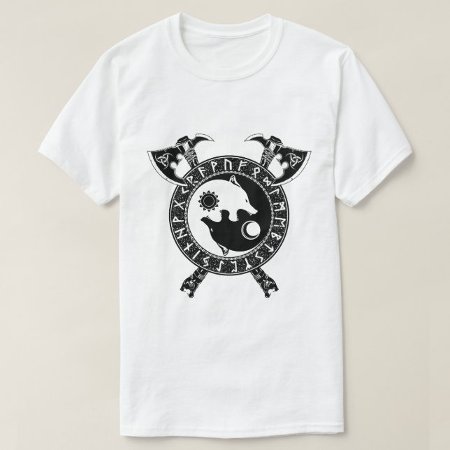 Camiseta Viking Yin Yang Wolf E Ax (Frente do Design)