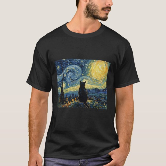 Camiseta Vincent Van Gogh Inspired Starry Night Kitten Silh (Frente)