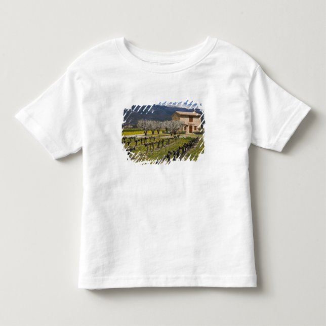 Camiseta Vinhedo dormente, flores de frutas, casa de pedra, (Frente)
