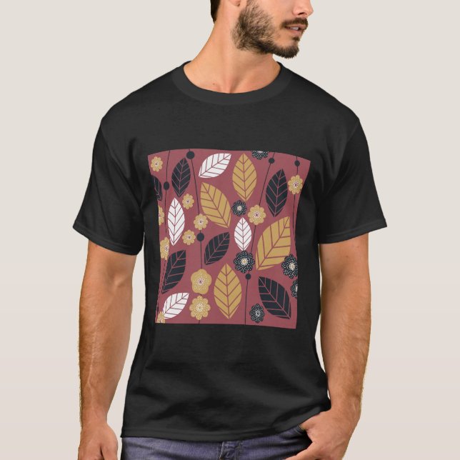 Camiseta Vinho Negro Folhas E Flores De Açafrão De Mostarda (Frente)