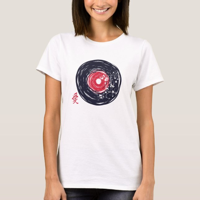 Camiseta Vinil Record Retro Grunge Com Sakura Blossomo (Frente)