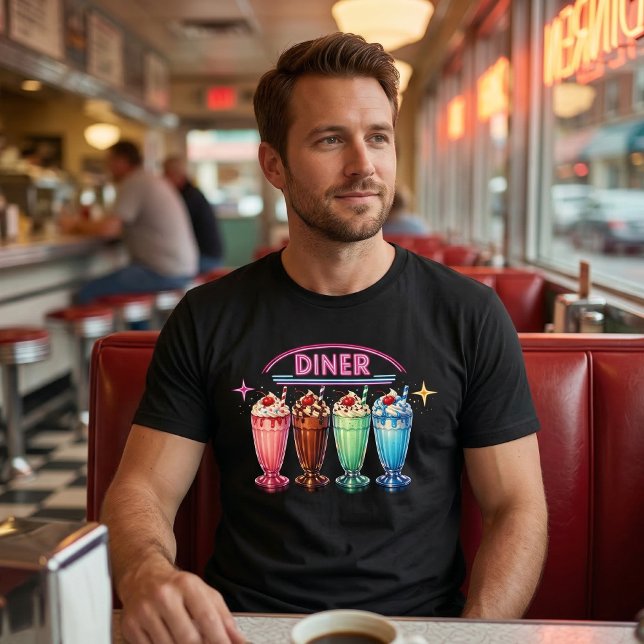 Camiseta Vintage 1950s Style: Retro Neon Diner Milkshakes (Criador carregado)