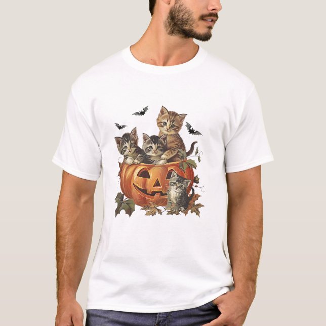 Camiseta Vintage 90s Cat Halloween Pumpkin (Frente)