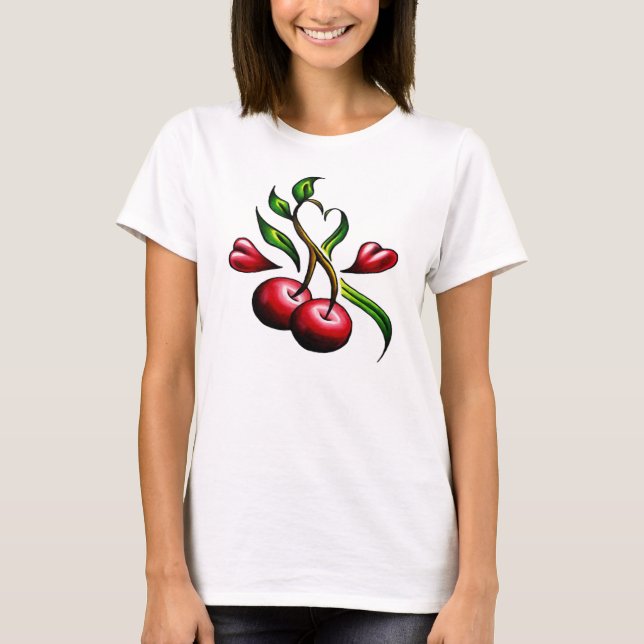 Camiseta Vintage Antiga Escola Cerejas Vermelhas Corações T (Frente)