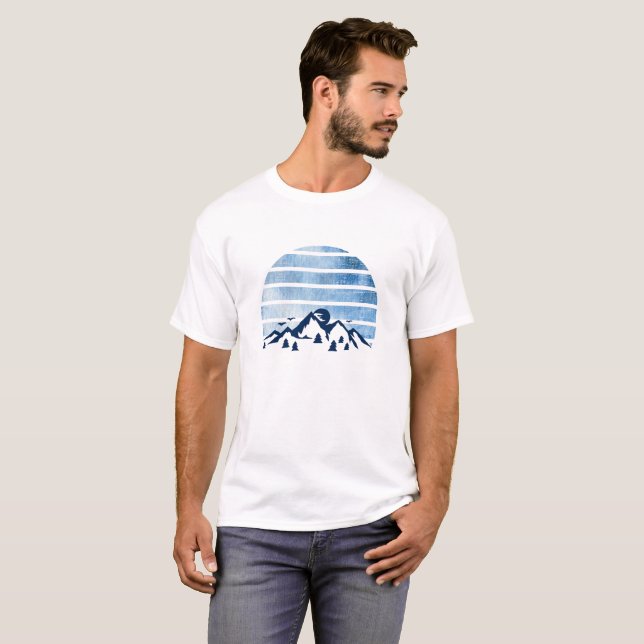 Camiseta Vintage azul retrô com montanha abstrato (Frente Completa)