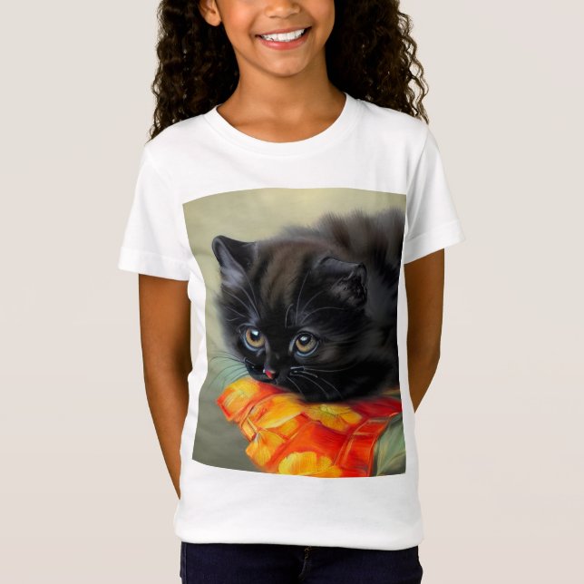 Camiseta Vintage Black Kitten com Red Flower Blanket (Frente)
