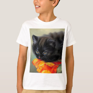 Camiseta Vintage Black Kitten com Red Flower Blanket