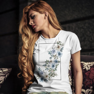 Camiseta Vintage Blue e cinzas Flores florescentes aquarela