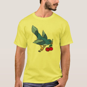 Camiseta Vintage Bluebird e Cherries Tattoo Art