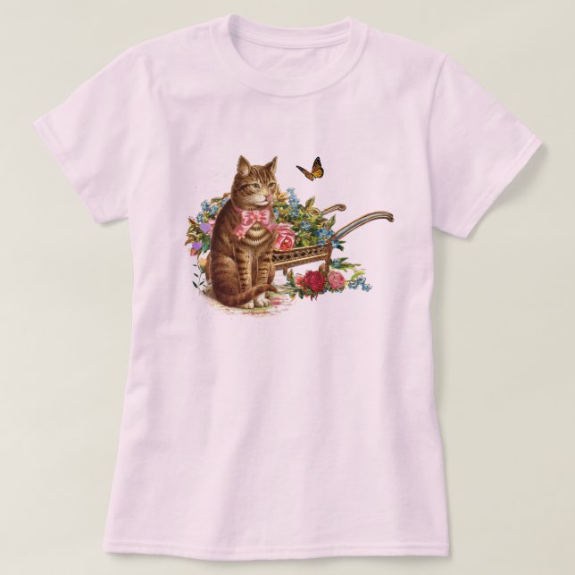 Camiseta Vintage Cat e Rosas rosa (Frente do Design)