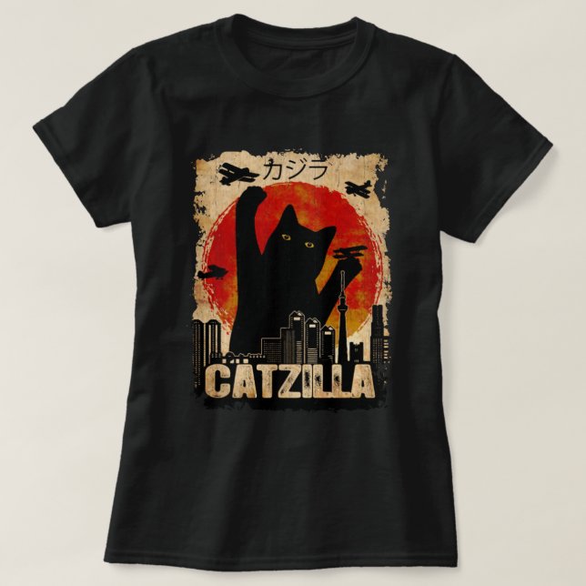 Camiseta Vintage Catzilla Funny Black Cat (Frente do Design)