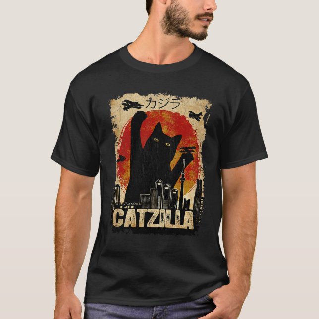 Camiseta Vintage Catzilla - Gatinhos Engraçados E Gato Pull (Frente)