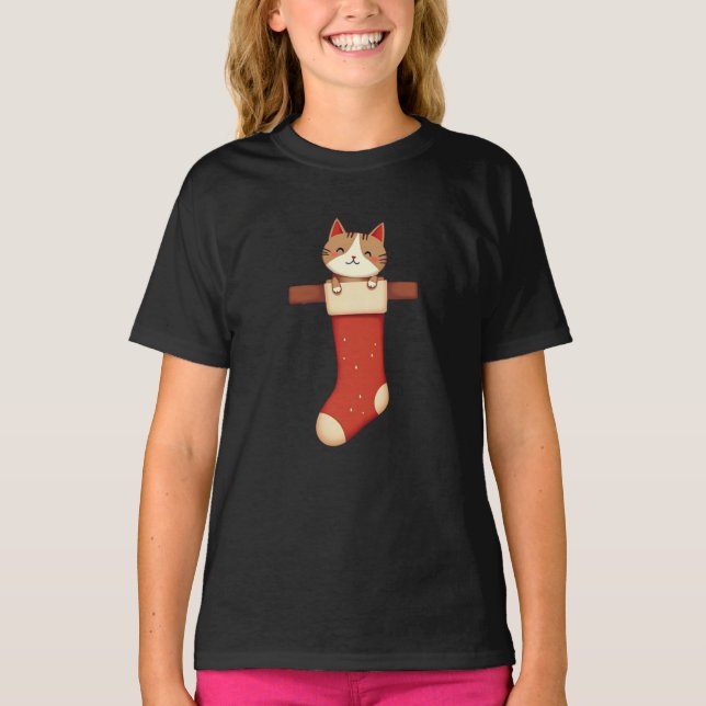 Camiseta Vintage Christmas Cat in Stocking (Frente)